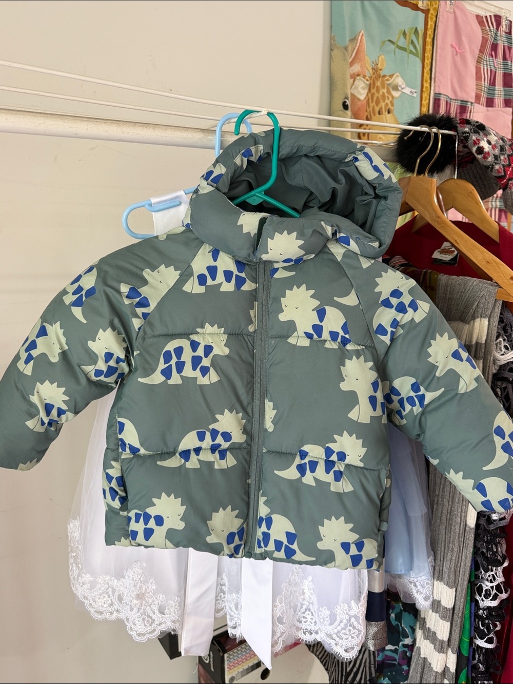 Zara Green Dino Print Puffer Jacket with Hood